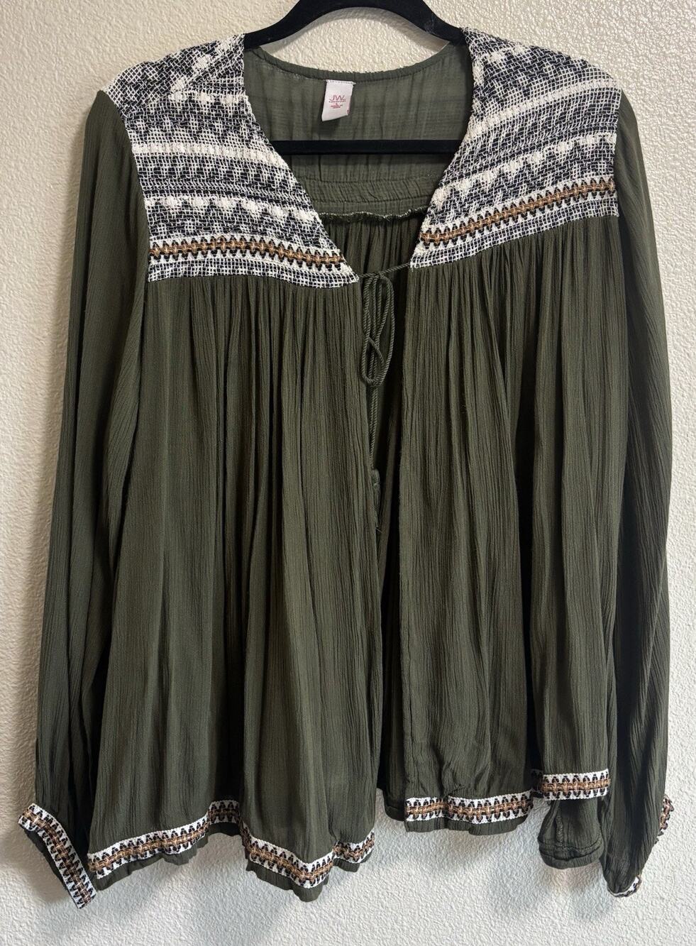 Kimono Cardigan Embroidered Boho Earthy Tassel Gauze Olive Green Tribal Size L